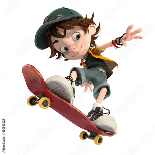 A young skater boy performs an ollie on his skateboard.