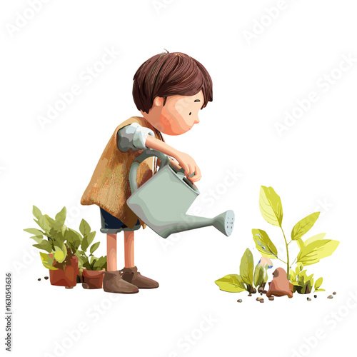 A little boy watering a plant.