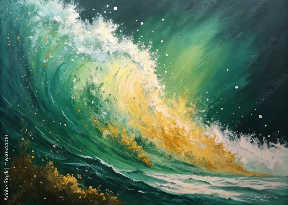 Fototapeta premium Dramatic ocean wave crashing with sunlight breaking through