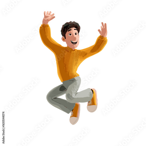 A cheerful person jumping up with happiness.