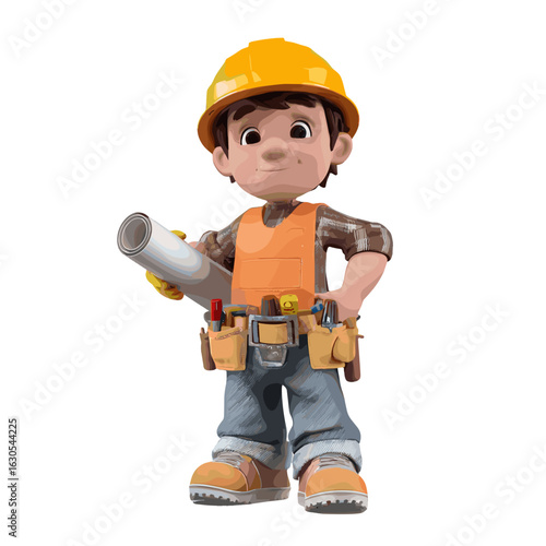 A construction worker in his working clothes holds a blueprint.