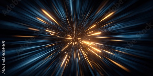 Abstract radial burst of glowing lines in dark blue and gold