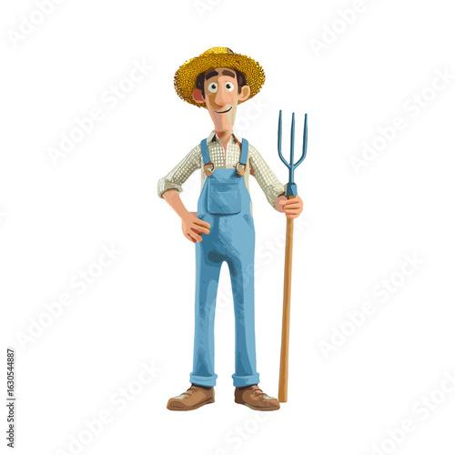A farmer, with a straw hat and holding a pitchfork, stands ready in the field.