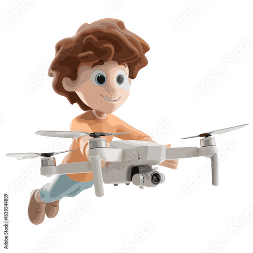 A young boy cheerfully piloting a drone in mid-air.