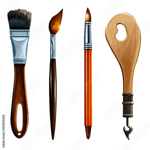 Four different brushes and palette knife for artistic work, essential art supplies.