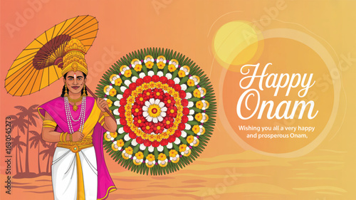 Happy Onam greeting card with traditional Kerala attire, vibrant Pookalam floral design, palm silhouettes, and festive message on warm backdrop