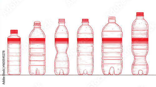 Different sized plastic water bottles arranged in a row showcasing various shapes and volumes for hydration needs and waste reduction initiatives