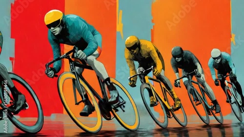 Dynamic Peloton: Cyclists Competing in a High-Speed Race with Abstract Background