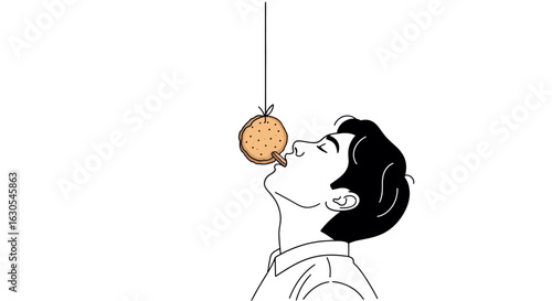 A simple line art illustration of a man playing a cracker eating game, trying to bite the food hanging from a string.