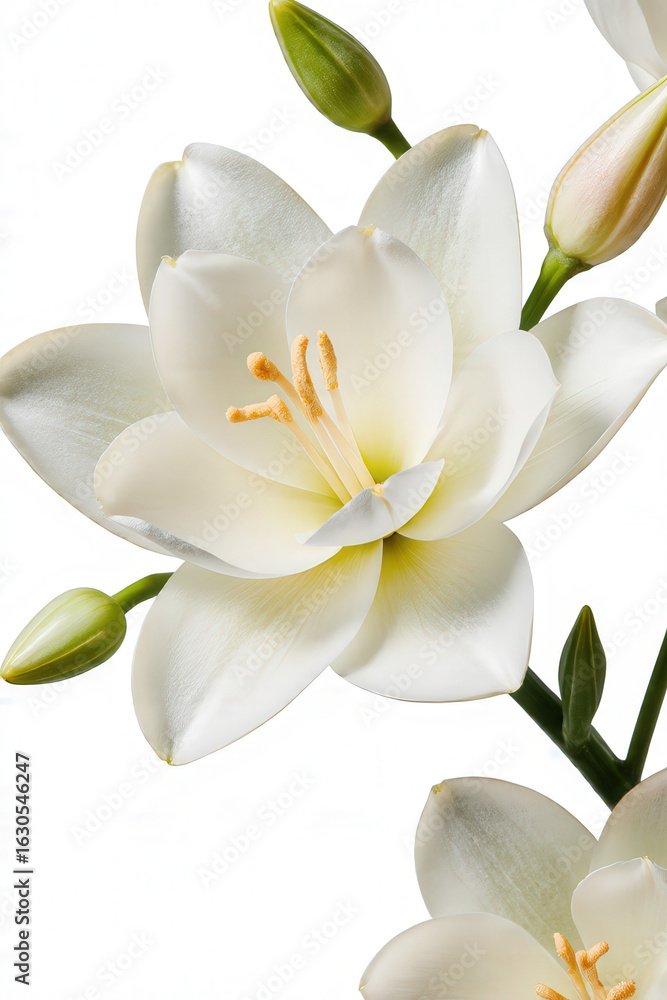 Fototapeta premium Elegant White Flower: A delicate white flower, with its pristine petals and intricate details, blooms gracefully, a testament to the beauty of nature. The pristine details of the plant are evident.