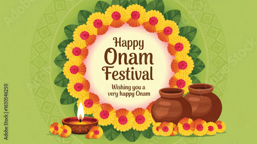 Happy Onam festival greeting card with floral rangoli, traditional oil lamp, clay pots, and festive wishes on vibrant decorative layout