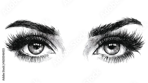 Dramatic Eye Sketch Artwork with Thick Lashes and Detailed Eyebrows Isolated on White Background Beauty and Style Concept