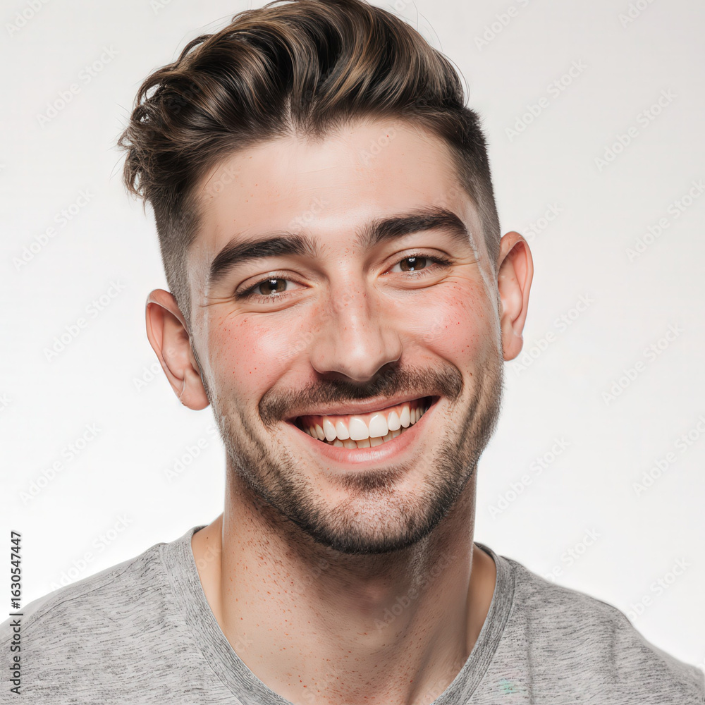 Obraz premium Radiant Confidence: A portrait of a friendly, handsome man, his face lit up with a warm, genuine smile, showcasing healthy teeth and a relaxed, approachable demeanor.