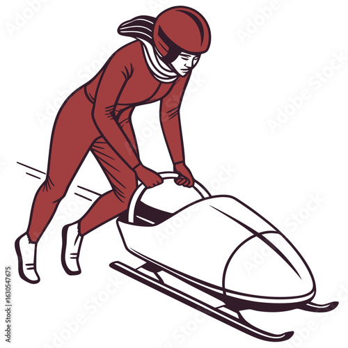 Woman bobsledding in a red suit on a winter track  