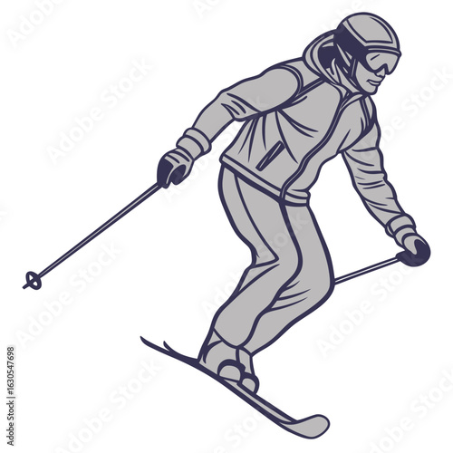 Skiing man in motion wearing goggles and ski suit  