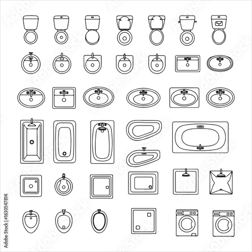 Collection of bathroom fixture designs and layouts