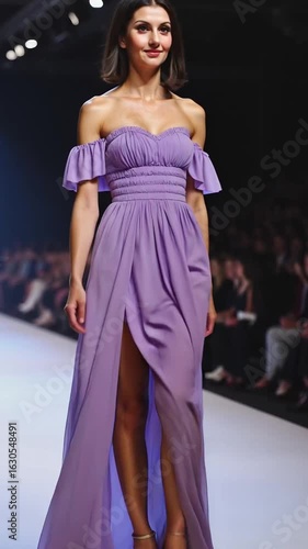 Graceful female model walking down fashion runway in flowing lavender off shoulder dress with high slit