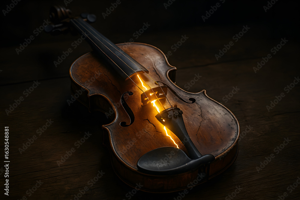 Fototapeta premium Musical Luminescence: A classical violin, illuminated from within, radiates a warm, ethereal glow, symbolizing the creative spark and passion of music.