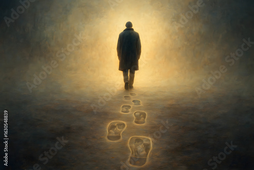 Pathway to Reflection: A solitary figure walks away towards a bright, radiant light, leaving glowing footprints in their wake. The scene evokes themes of introspection, journey, and the path forward.