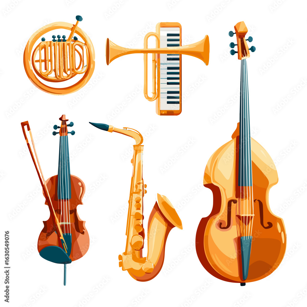 Naklejka premium Variety of colorful musical instruments set on display.