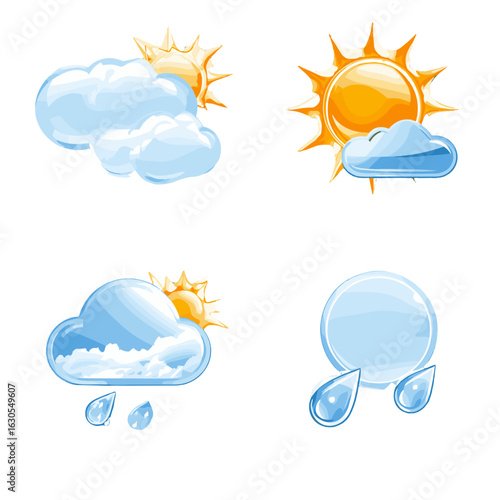 Various weather icons displaying sunny, cloudy, and rainy conditions.