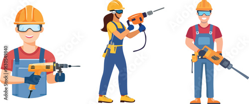 Construction workers in safety gear using electric drills and jackhammers, male and female builders, vector flat illustration