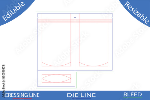 Packaging template with red and blue lines dieline,1 Stand up pouch packaging dieline