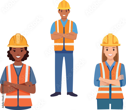 Diverse construction workers in safety vests and hard hats standing with arms crossed, teamwork, vector flat illustration