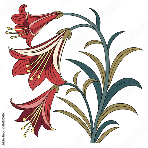 Red lily flowers with green stems and leaves isolated on white background