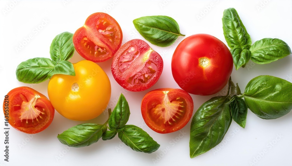 Fototapeta premium Various Colorful Tomatoes and Basil Leaves – Isolated on White Background, Top View