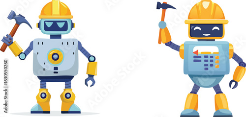flat cute cartoon construction robots holding hammers, professional industrial worker mascots, logo, icon