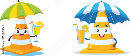 vector flat funny cartoon traffic cones with umbrellas and juice, construction, and road safety mascot character