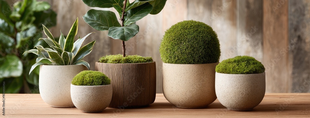 Fototapeta premium Stylishly arranged potted plants showcase various textures and shapes against a soft white background, enhancing indoor decor