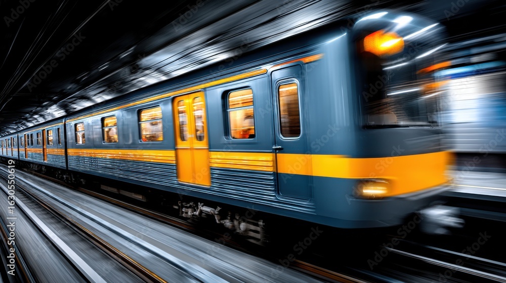 Obraz premium High-speed train moving through a modern station with motion blur effect
