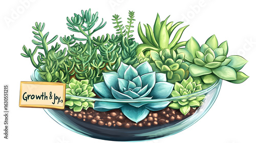 Indoor succulent garden in a glass bowl with a growth and joy sign for home decor inspiration isolated on white background 