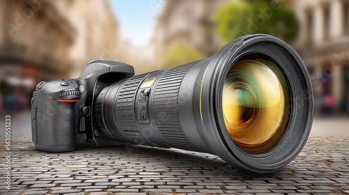 Close-up of a professional camera with a large telephoto lens lying on cobblestone street in an urban setting