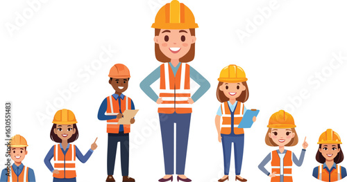 A group of diverse construction workers, professional male and female builders in safety uniforms and hard hats, cartoon people characters