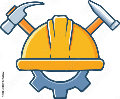 construction hard hat with hammers and gear, engineering and safety equipment icon, labor day, cartoon vector flat illustration 
