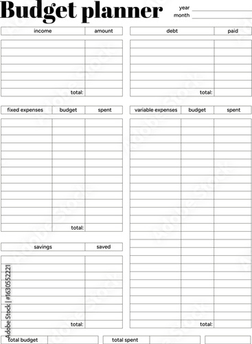 Budget planner with income and expenses tracker. Personal budget. Financial Plan. Budget management. Vector illustration.