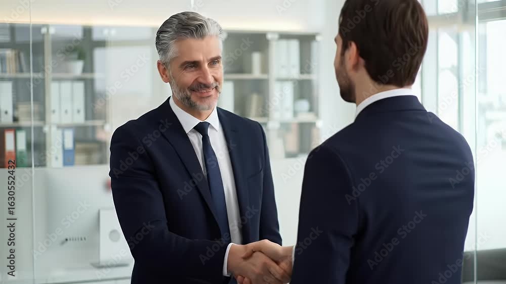custom made wallpaper toronto digitalTwo men in suits shaking hands in an office setting, smiling.