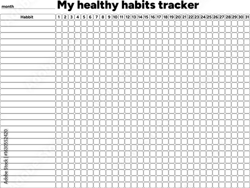Healthy habit tracker with 31-day grid. Habit tracker for month template. Vector illustration.