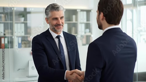 Wallpaper Mural Two men in suits shaking hands in an office setting, smiling. Torontodigital.ca
