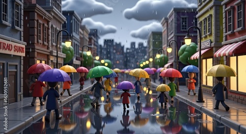 Wallpaper Mural Rainy Day Cityscape with Colorful Umbrellas and Reflections Torontodigital.ca