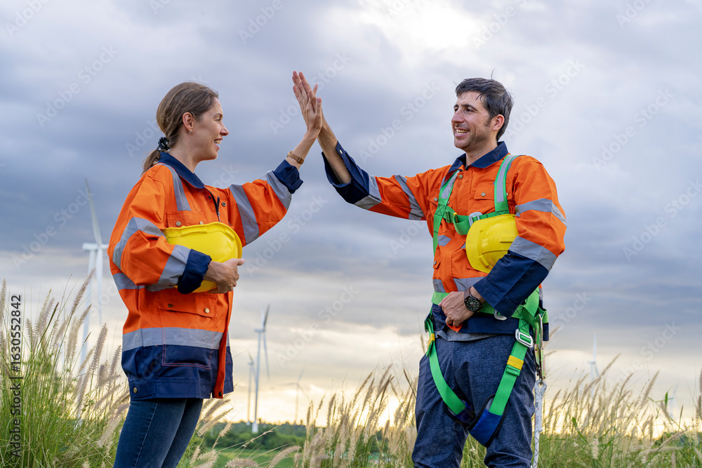 Naklejka premium Positive interaction between two construction workers at a wind farm during sunset