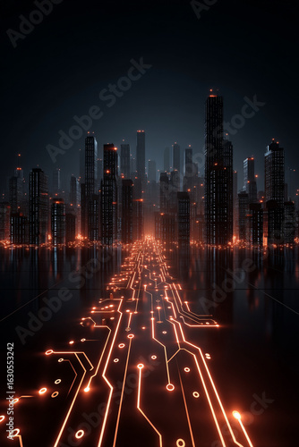 A stylized city map formed by glowing circuit board pathways on a dark, futuristic background, conveying digital infrastructure.