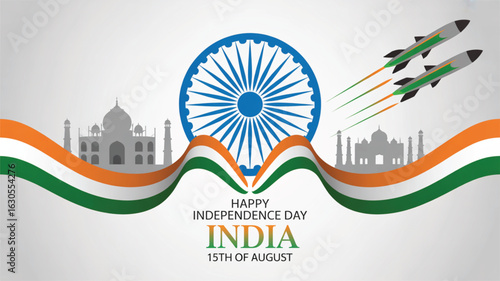 India Independence Day poster with Ashoka Chakra, fighter jets in tricolor trails, Taj Mahal, monuments, and “15th August” typography