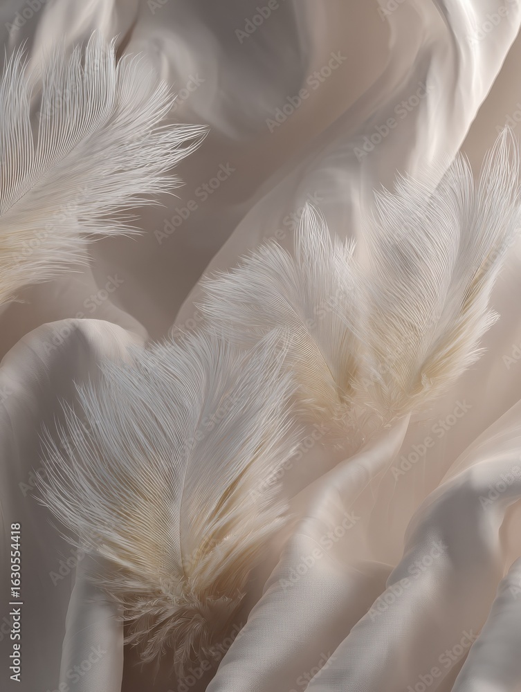 Fototapeta premium a background with soft chiffon waves and delicate white silk feathers perfect for showcasing a beautiful copy space image