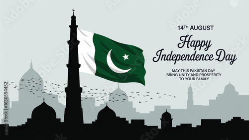 Pakistan Independence Day poster with Minar-e-Pakistan, national flag, Lahore skyline silhouette, and “14th August” tribute message