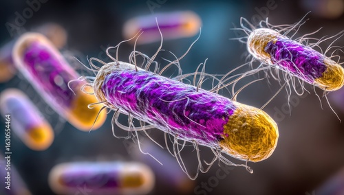 High-resolution microscopic view of rod-shaped bacteria, vibrant purple and gold hues, intricate filamentous structures