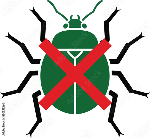 A green bug with a red cross over it symbolizing pest control and insecticide usage on a white background